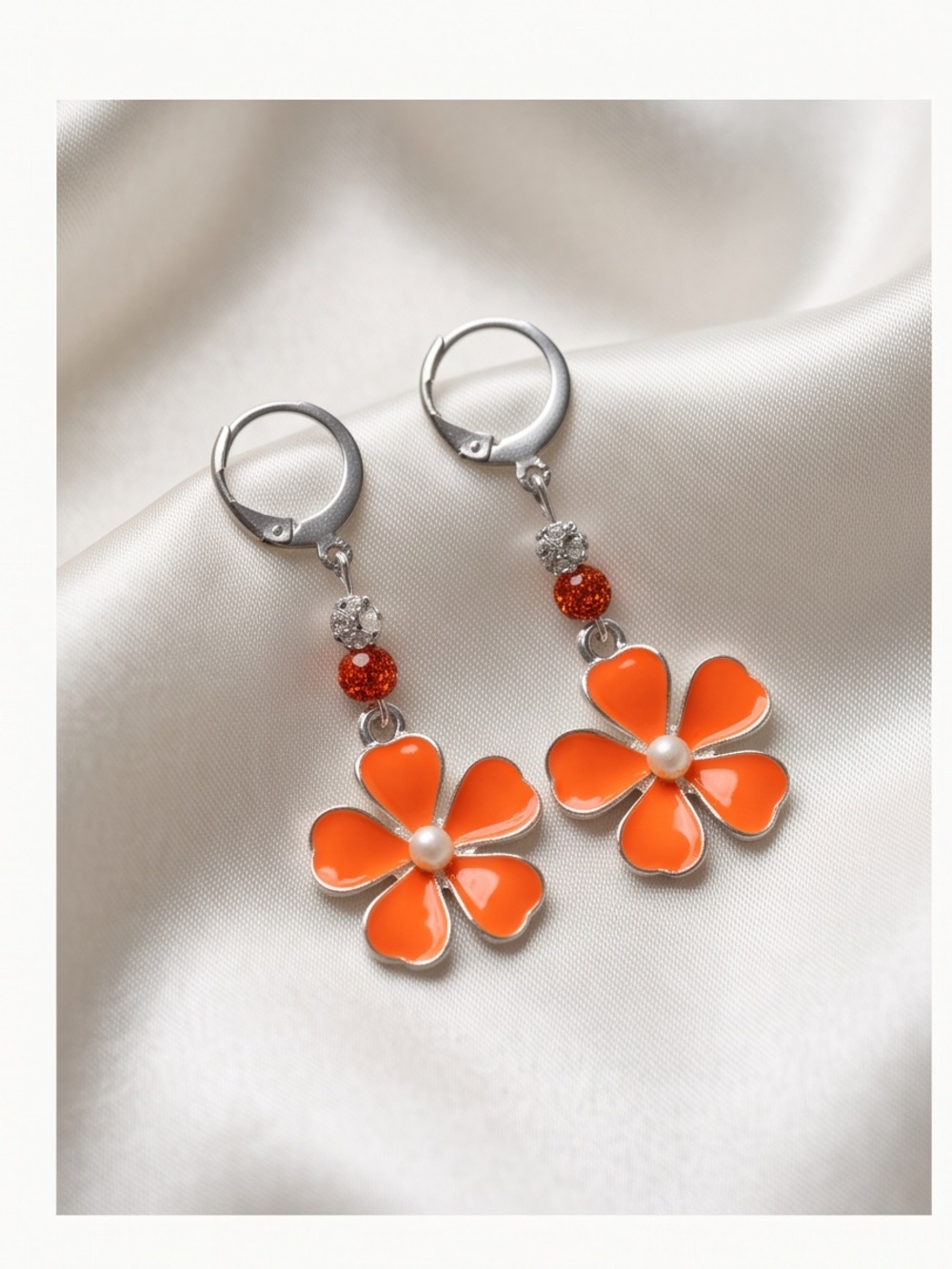 Orange Floral Drop Earrings with Pearl Center - Women Jewelry